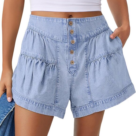 Women's Light Blue Summer High Waisted Denim Shorts for XL Size - Picture 1 of 6